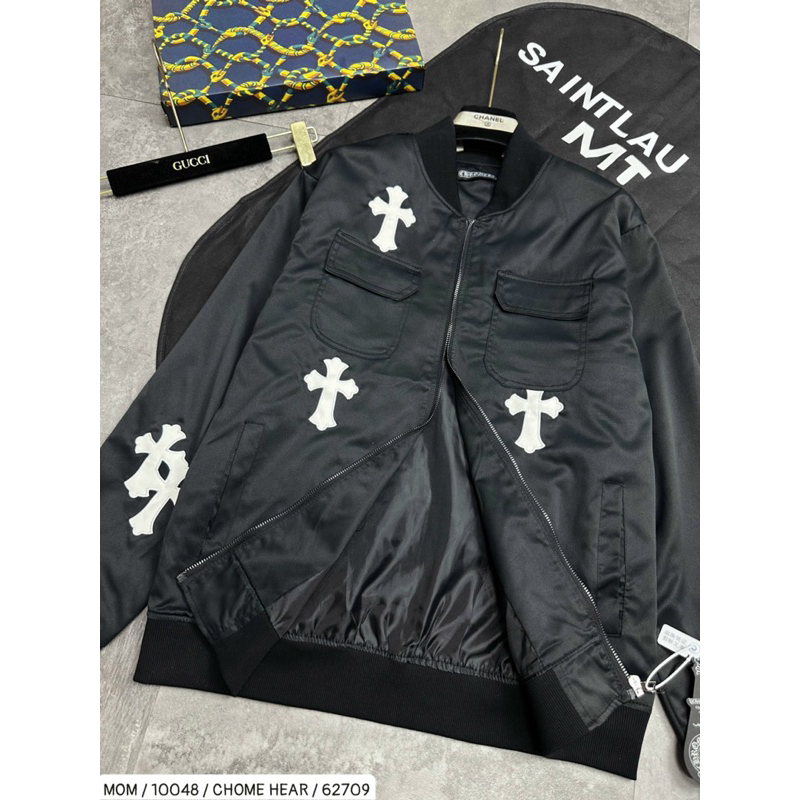 Áo khoác bomber chomr có hoạ tiết thêu khoá kéo màu đen thời trang nam nữ phong cách giới trẻ có size từ s đến xl