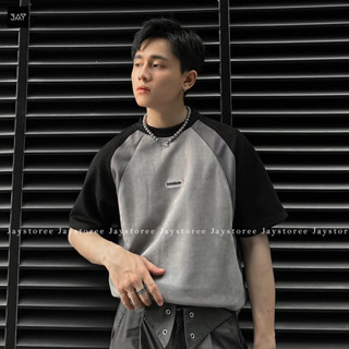 Áo thun tay lỡ vải da lộn DATO màu ĐEN/XÁM - áo phông phối màu form rộng unisex nam nữ/ Jaystoree