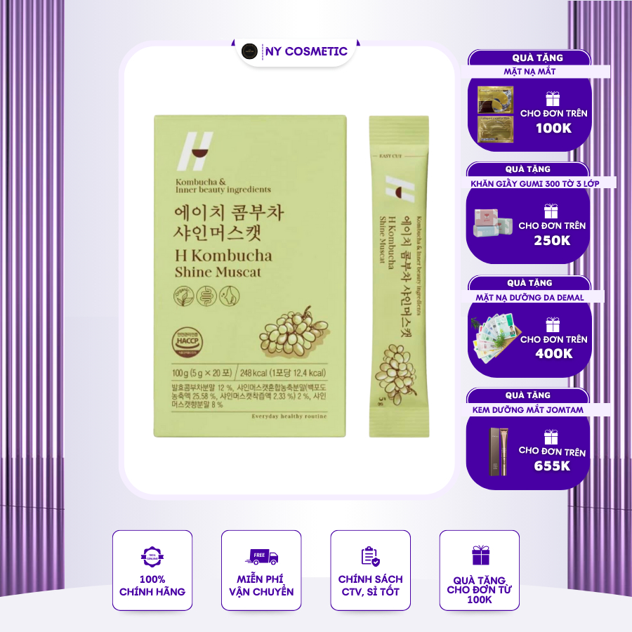 Trà giảm cân, làm đẹp da Kombucha chiết xuất nho mẫu đơn Hàn Quốc Elishacoy (Hộp 20 gói)