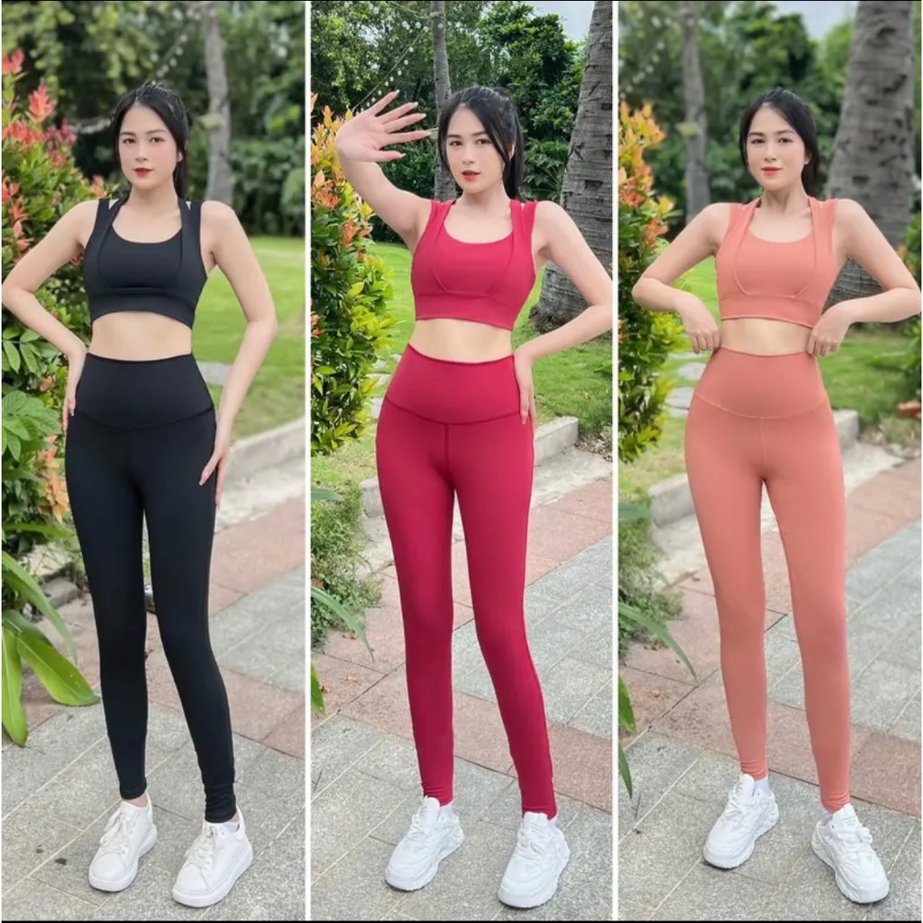 Bộ đồ tập gym yoga aerobic chạy bộ nữ áo bra đan kèm mút quần dài cạp cao chất thun lạnh co giãn - D15