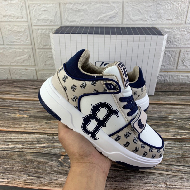 Giày Thể Thao MLB Chunky Liner Mid Monogram Boston Màu Xanh Navy_Giày MLB Chữ NY Quai Dán Xanh Than