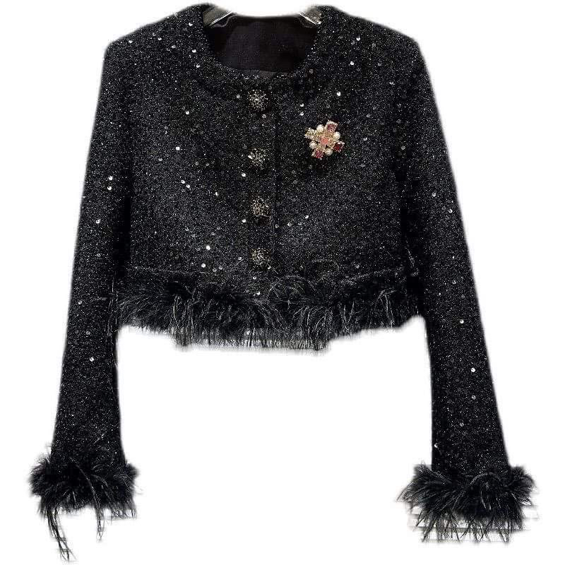 Áo khoác dạ tweed đen tay lông cao cấp kèm tag