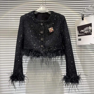 Áo khoác dạ tweed đen tay lông cao cấp kèm tag