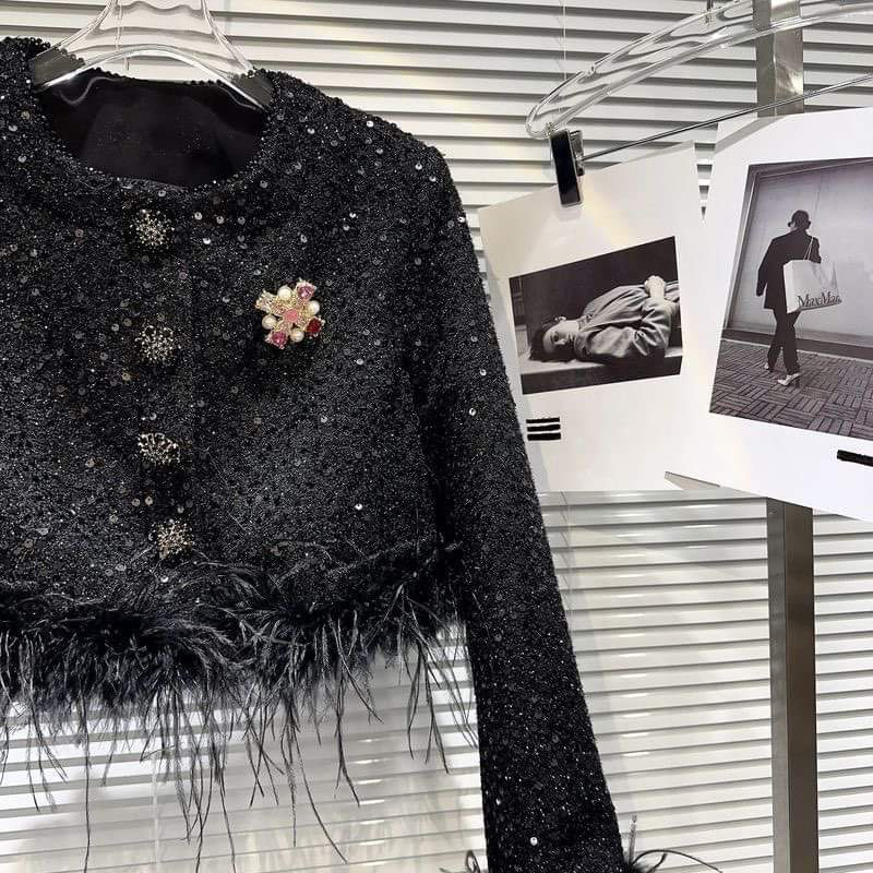 Áo khoác dạ tweed đen tay lông cao cấp kèm tag