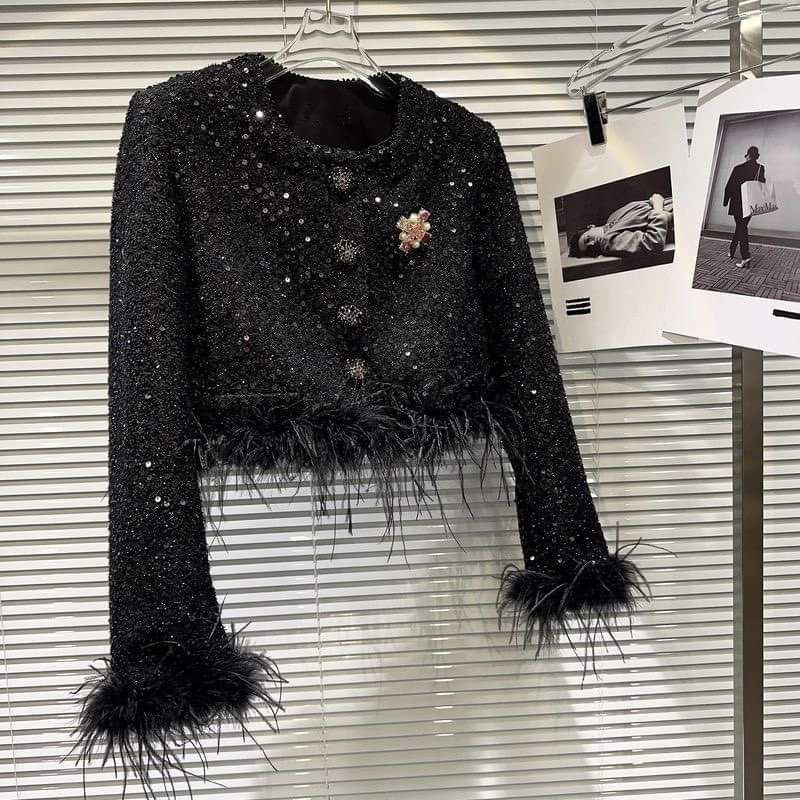 Áo khoác dạ tweed đen tay lông cao cấp kèm tag