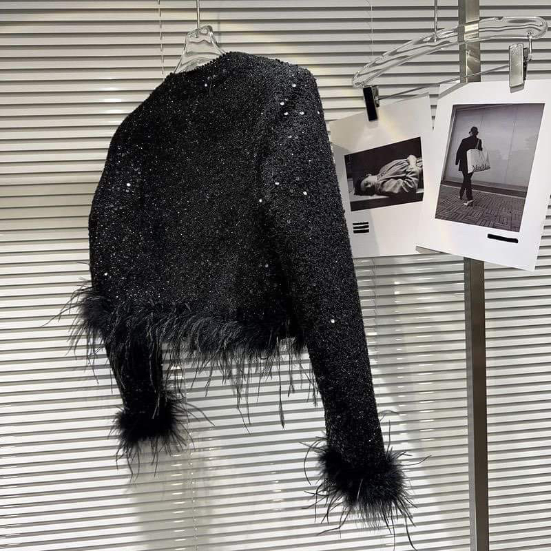 Áo khoác dạ tweed đen tay lông cao cấp kèm tag