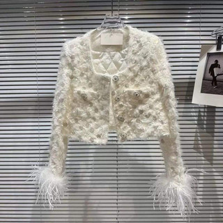 Áo khoác dạ tweed trắng cao cấp 3 lớp tay lông