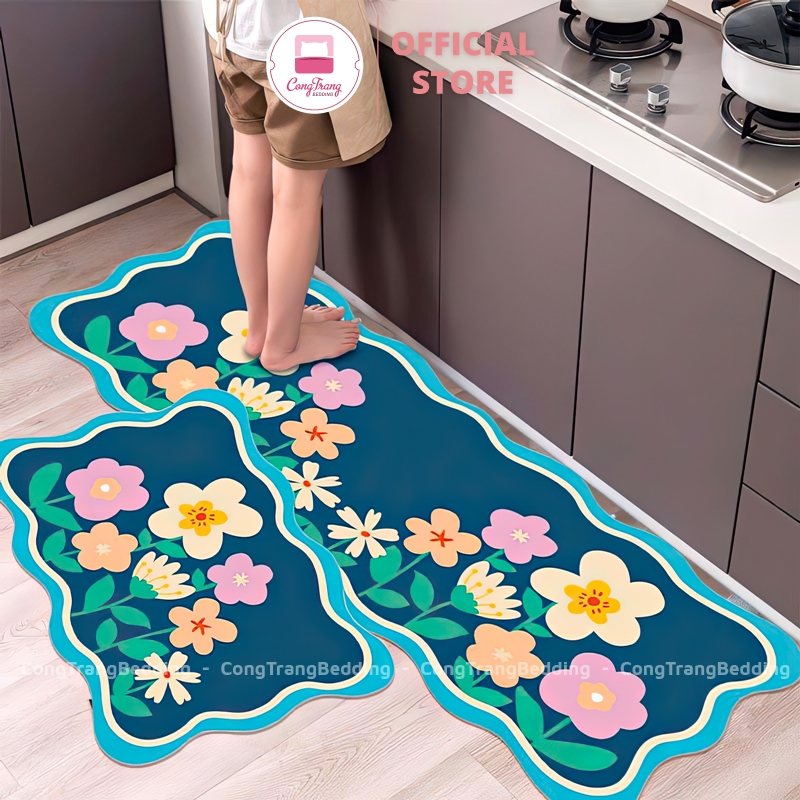 Thảm Bếp BALI Họa Tiết Hoàng Gia, Bộ 2 thảm Nhà Bếp Đế Cao Su Chống Trơn Trượt