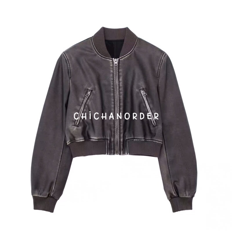 Áo khoác da dáng ngắn màu nâu đen bo chun