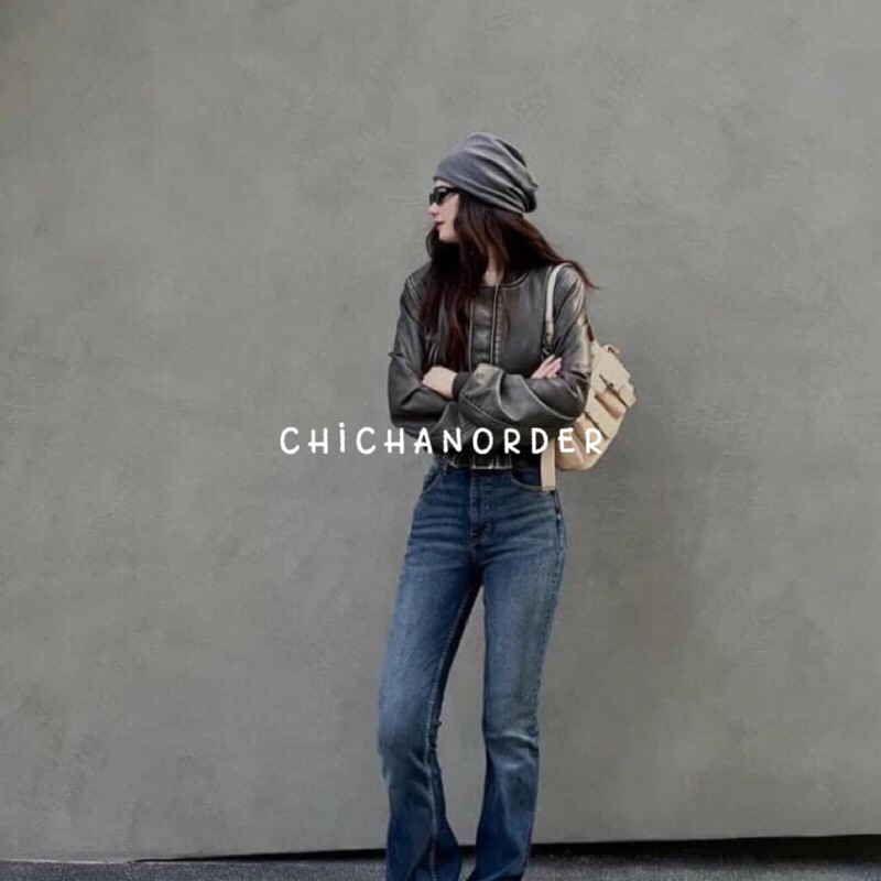 Áo khoác da dáng ngắn màu nâu đen bo chun