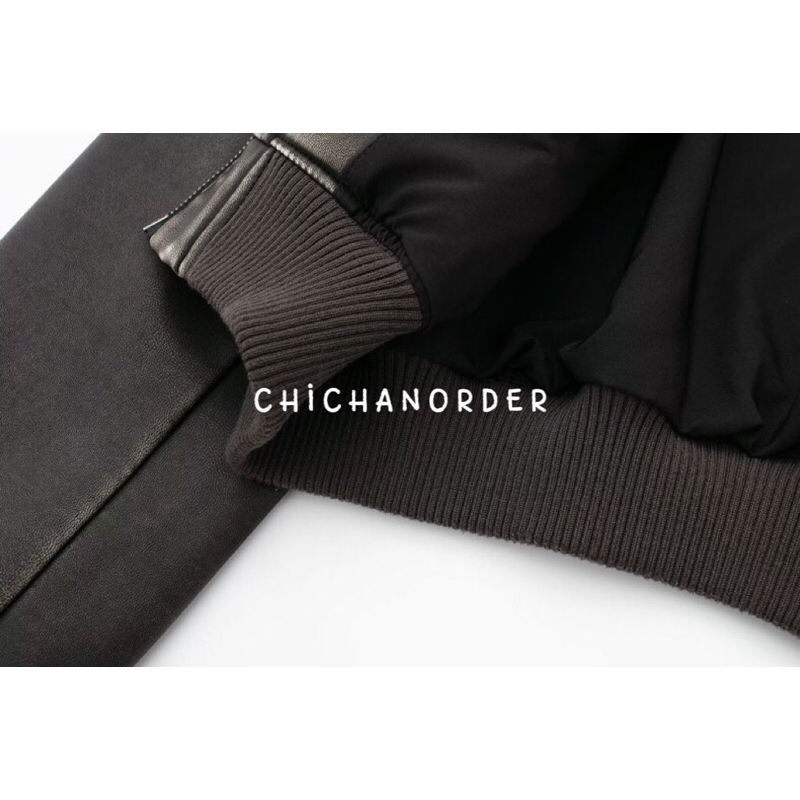 Áo khoác da dáng ngắn màu nâu đen bo chun