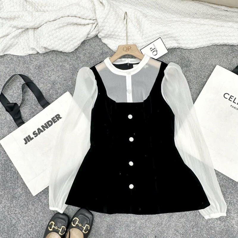 Áo nhung eo pha tay tơ