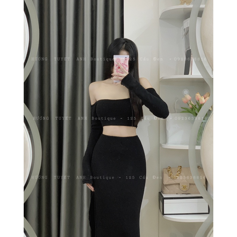 Set áo trễ vai tay loa chân váy xẻ tà