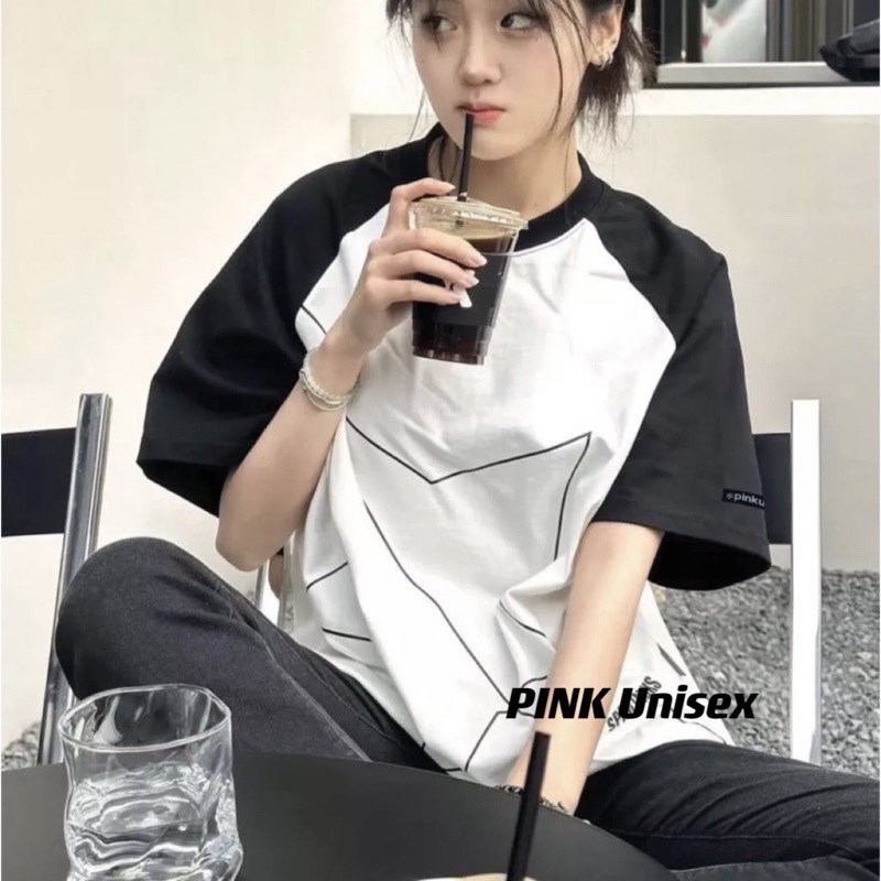 Áo thun phông Raglan logo tay nam nữ PINK tay lỡ form rộng NGÔI SAO Unisex