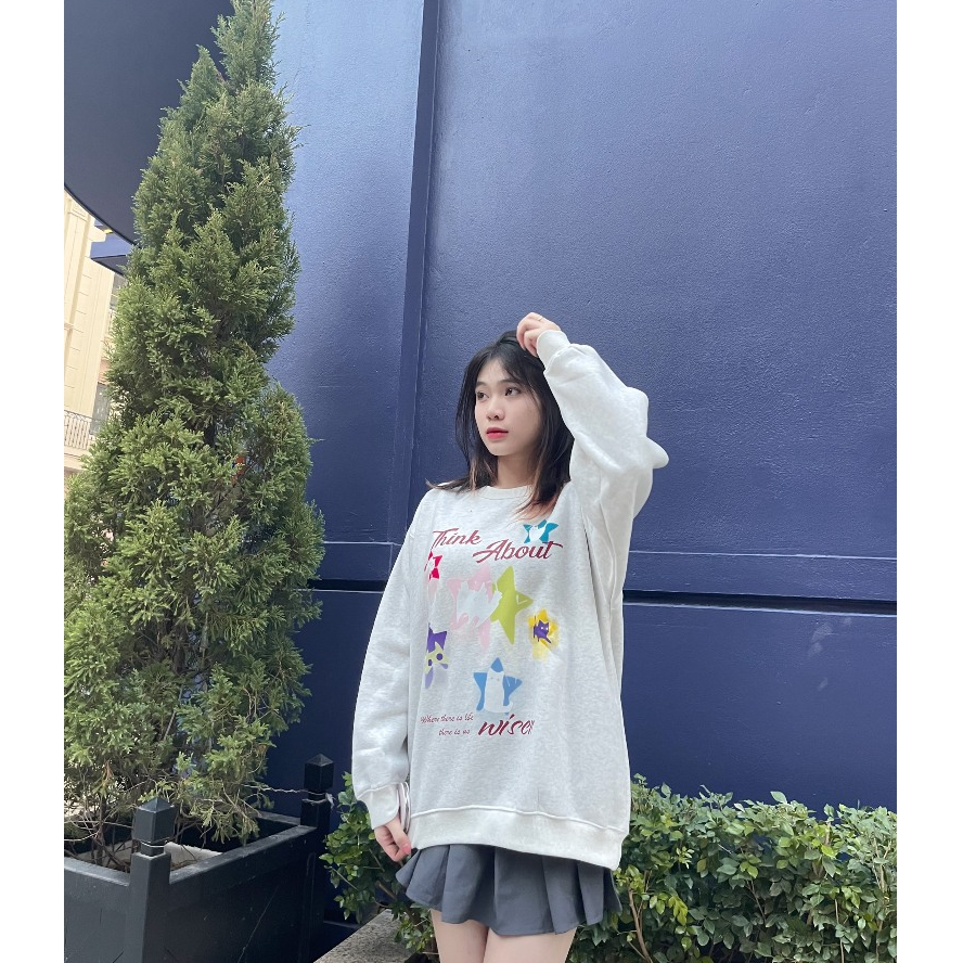Áo sweater WISEN  nỉ bông form rộng oversize unisex mẫu THINK ABOUT