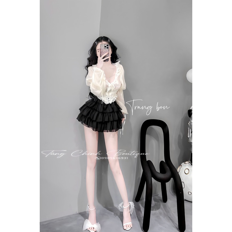 Áo sơmi phối ren đan eo