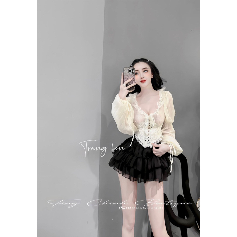 Áo sơmi phối ren đan eo