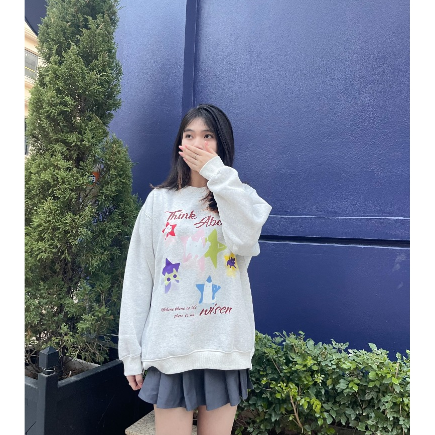 Áo sweater WISEN  nỉ bông form rộng oversize unisex mẫu THINK ABOUT