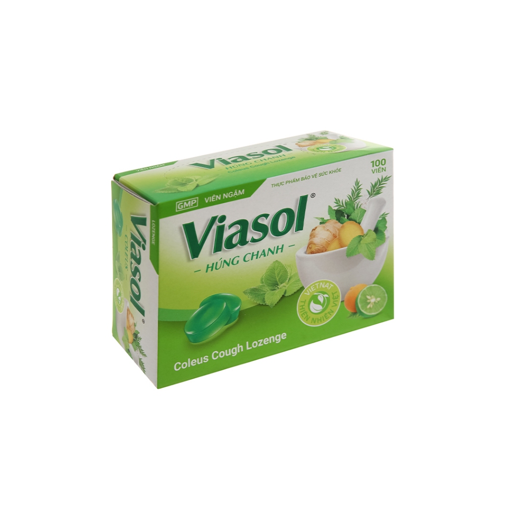 Viên ngậm giảm ho Viasol Húng Chanh hỗ trợ giảm viêm họng, đau rát họng, ho gió, ho khan- Hộp 100 viên