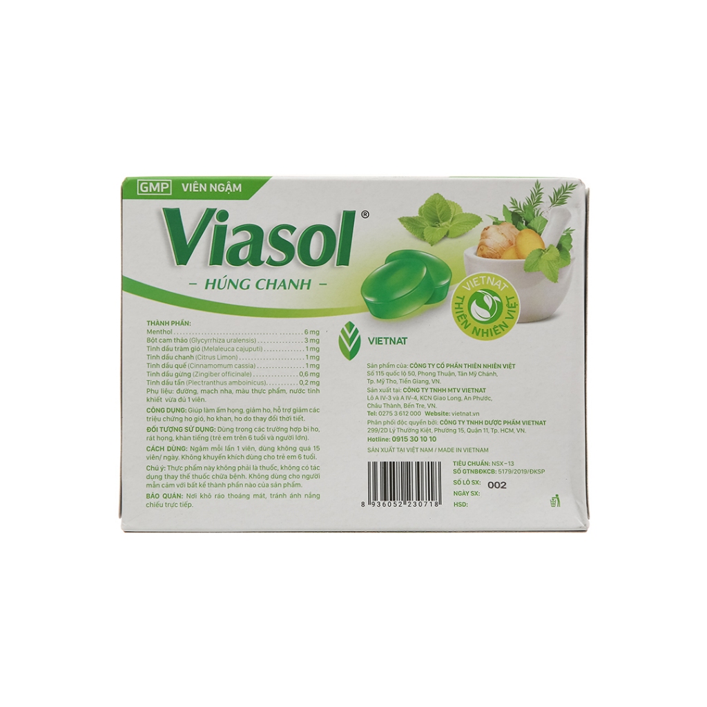 Viên ngậm giảm ho Viasol Húng Chanh hỗ trợ giảm viêm họng, đau rát họng, ho gió, ho khan- Hộp 100 viên