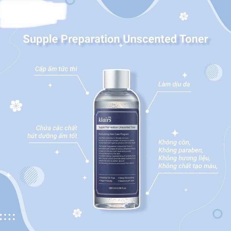 Nước Hoa Hồng Không Mùi Dưỡng Ẩm Da Và Làm Mềm Da Dear Klairs Supple Preparation Unscented Toner 180ml