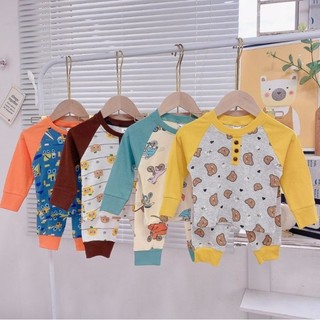 Bộ dài tay bé trai thun cotton xuất dư co dãn thoáng mát khuy cổ