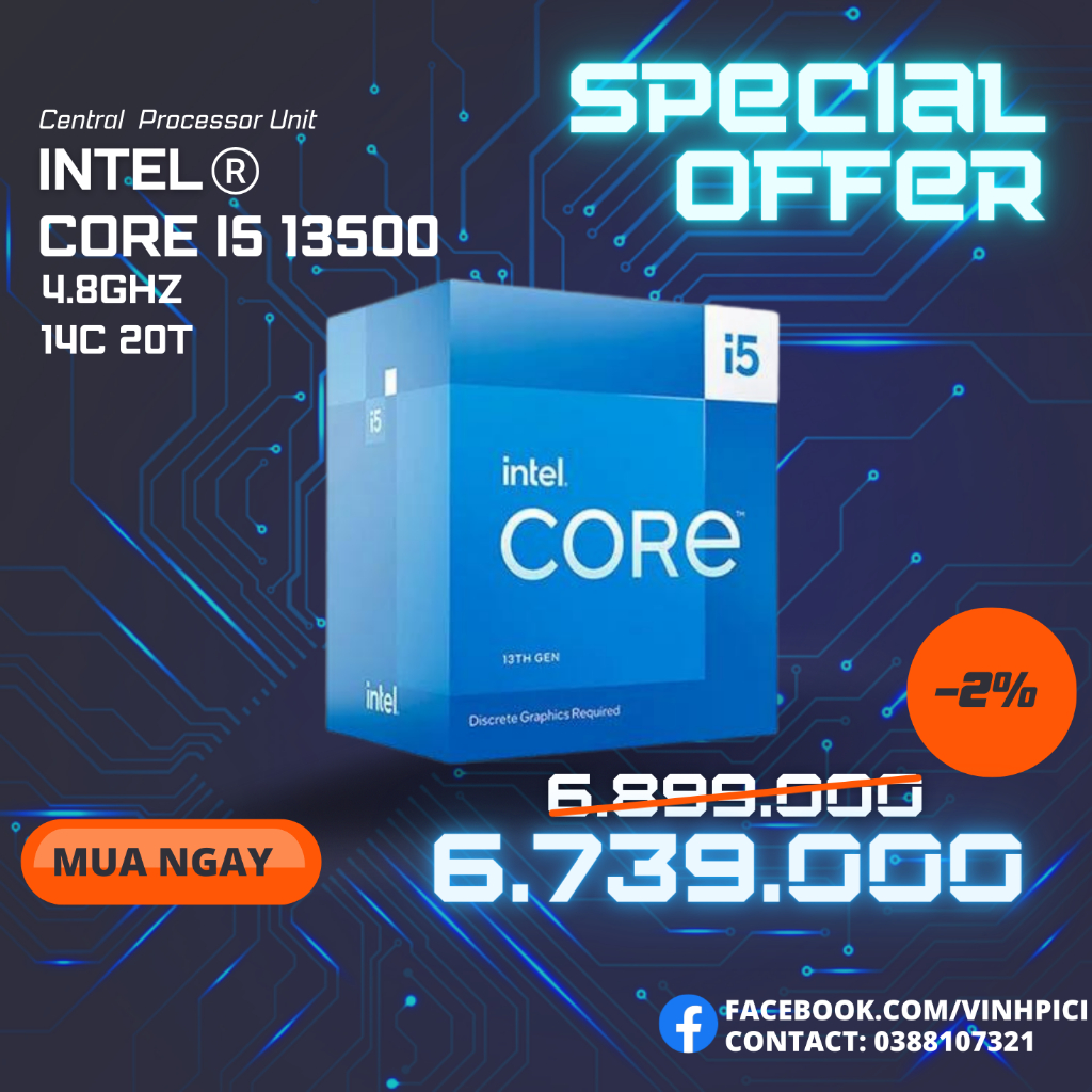 CPU Intel Core i5 13500 (2.5GHz Turbo 4.8GHz / 14 Nhân 20 Luồng / 24MB / LGA 1700) [NEW]