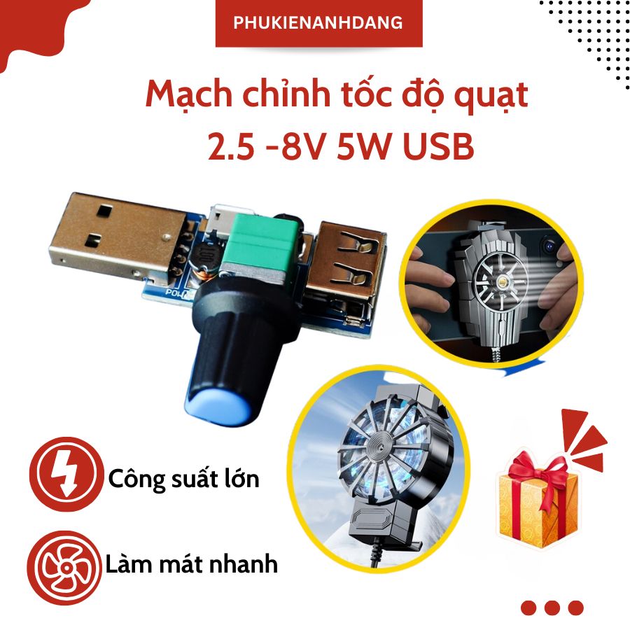 Mạch Chỉnh Tốc Độ Quạt, Mạch Tăng Tốc Độ Gió Cho Quạt Tản Nhiệt Điện Thoại - 2,5-8v 5w Có Đầu USB Và Núm Chỉnh Nguồn