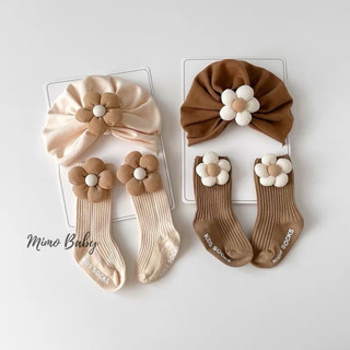 Set tất mũ turban đính hoa 5 cánh vintage đáng yêu cho bé