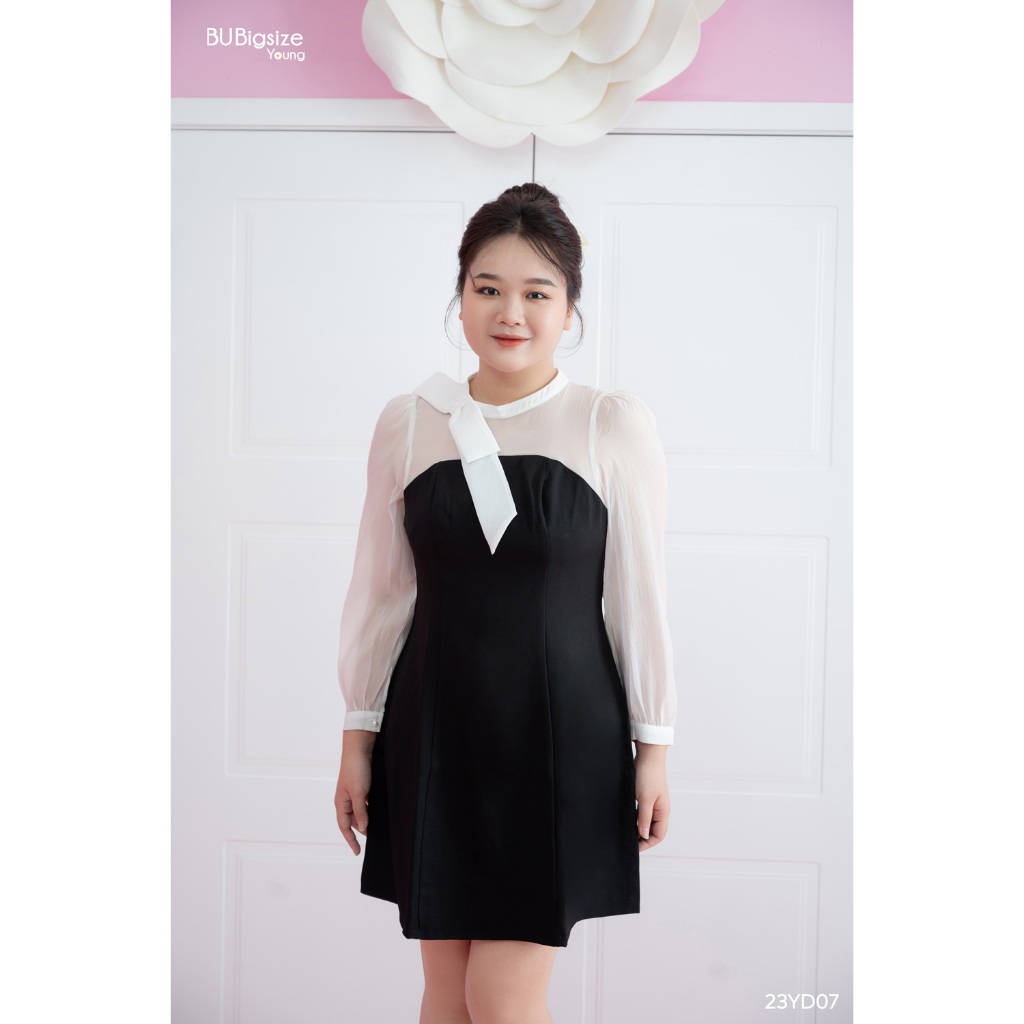 Đầm đính nơ chân cổ phối tơ trắng BIGSIZE (55kg đến 95kg) - 23YD07 - [BU Bigsize Young]