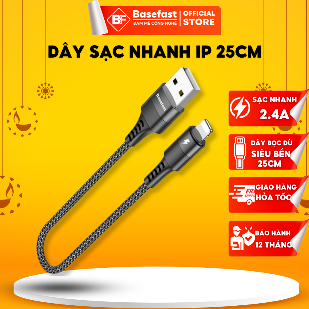 Cáp sạc nhanh Usb 2.4A Basefast dây dù cao cấp chống đứt gãy cho iP7 8P 11 12 13promax