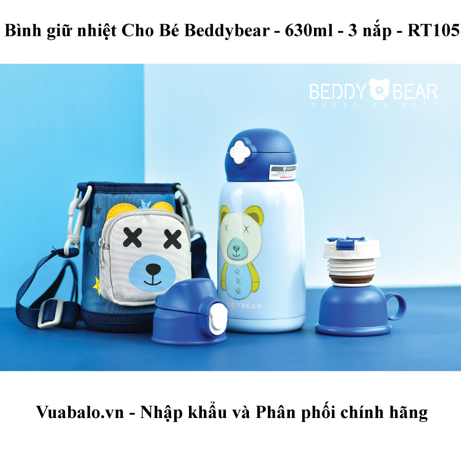 Bình giữ nhiệt Cho Bé - Phiên bản RT105 - Dung tích 630ml - 3 Nắp thay thế - Tặng kèm túi đeo may thêu xinh xắn