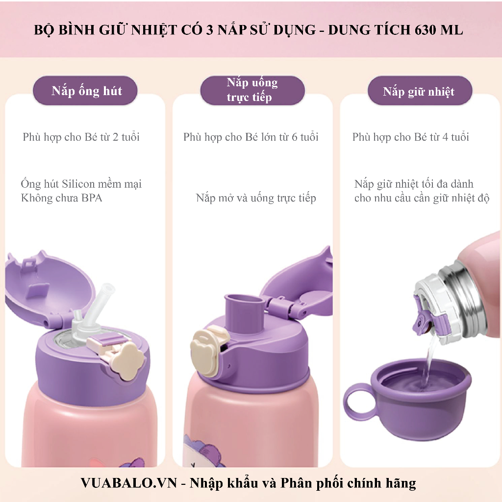 Bình giữ nhiệt Cho Bé - Phiên bản RT105 - Dung tích 630ml - 3 Nắp thay thế - Tặng kèm túi đeo may thêu xinh xắn