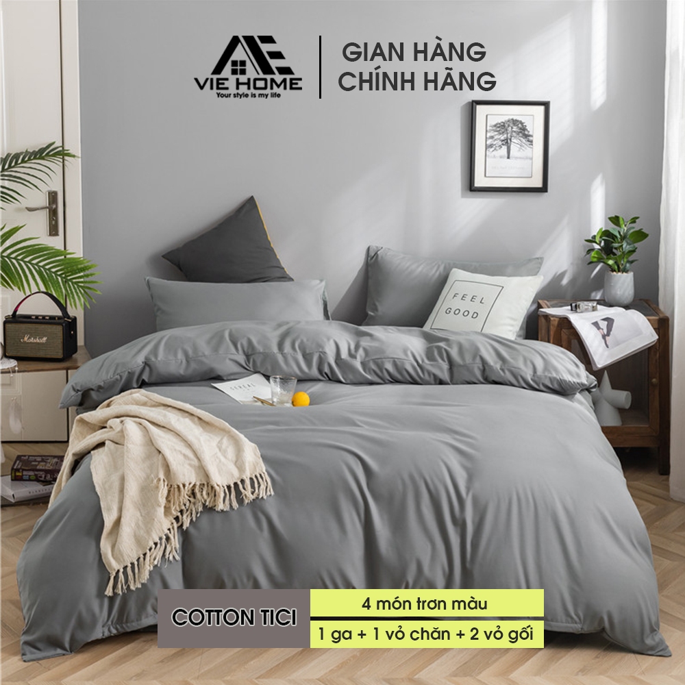 Bộ chăn ga gối Cotton Tici VIE HOME - Bedding trơn màu style Hàn dễ phối phòng ngủ vintage nhiều kích thước nệm