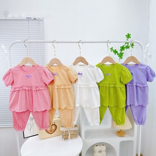   Bé 7-19kg  Bộ Ngắn Tay Quần Alibaba Nhúng Bèo Đính Nơ Thun Gân Mềm Mịn Mát cho bé gái 