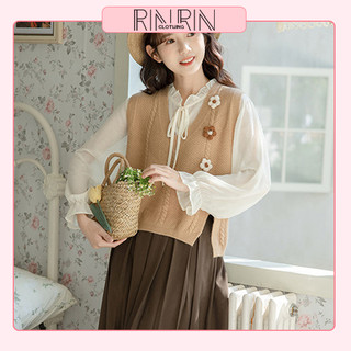 Áo gile nữ len dệt kim cổ chữ V thêu hoa xẻ tà phong cách thu đông RIN RIN