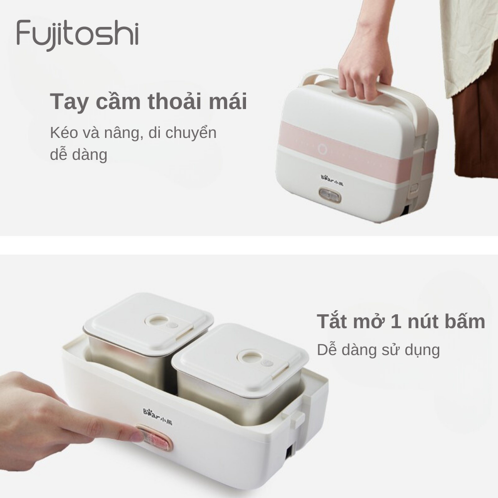 Hộp cơm cắm điện Fujitoshi - Bear 2 tầng 3 khay inox nấu cơm nấu thức ăn và hâm nóng Tặng túi xách đũa thìa