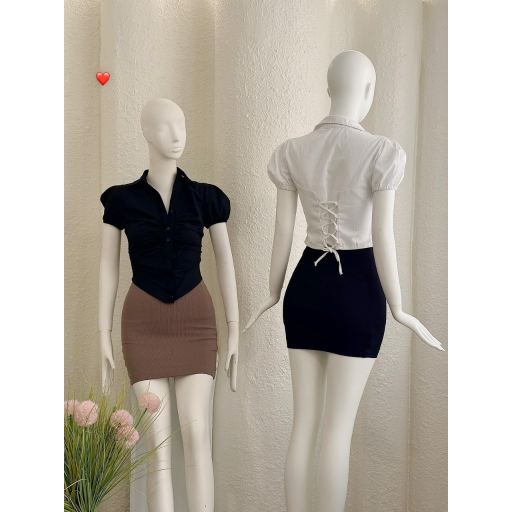 Áo sơ mi tay ngắn bo chun tay vạt nhọn đan dây sau lưng cực xinh , chất voan mềm mịn
