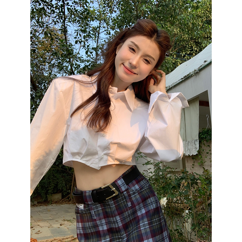 Áo croptop sơ mi kiểu nữ Tay dài Hàn Quốc Áo sơ mi dáng croptop ngắn nữ Dài tay Thời trang