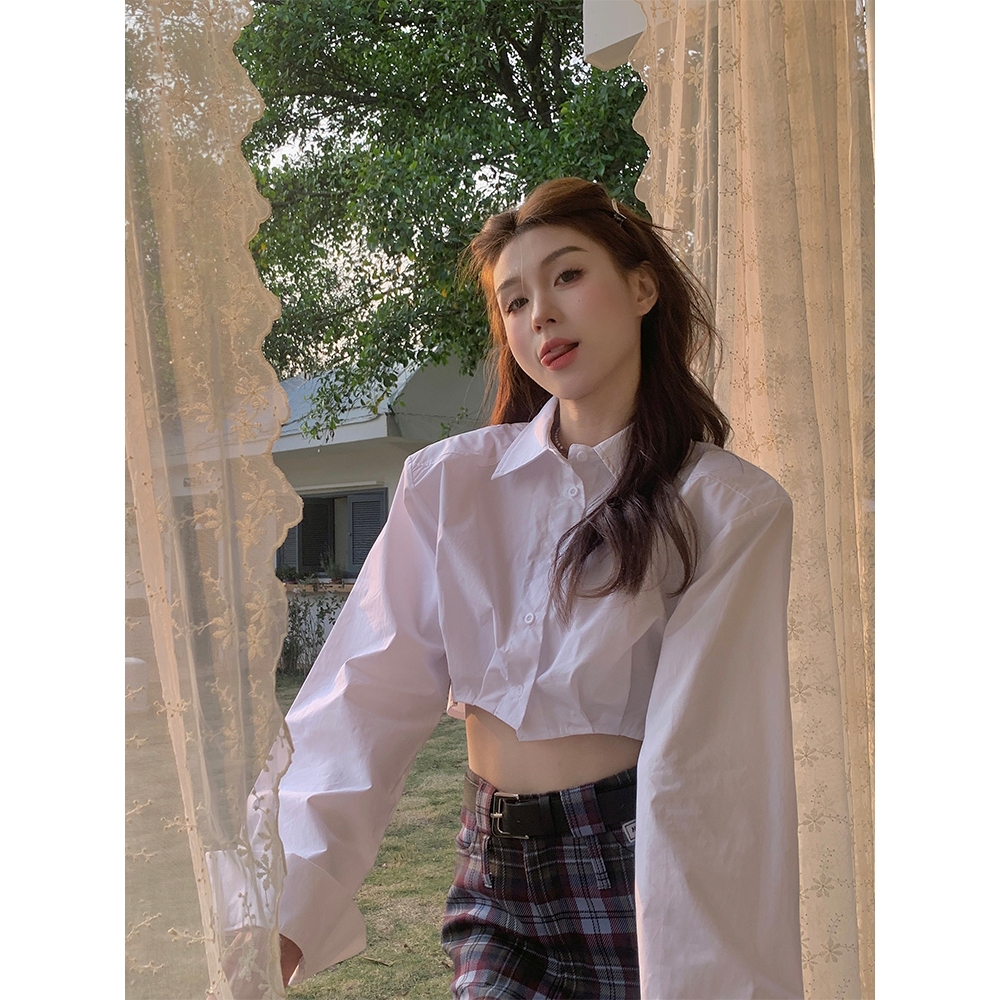 Áo croptop sơ mi kiểu nữ Tay dài Hàn Quốc Áo sơ mi dáng croptop ngắn nữ Dài tay Thời trang