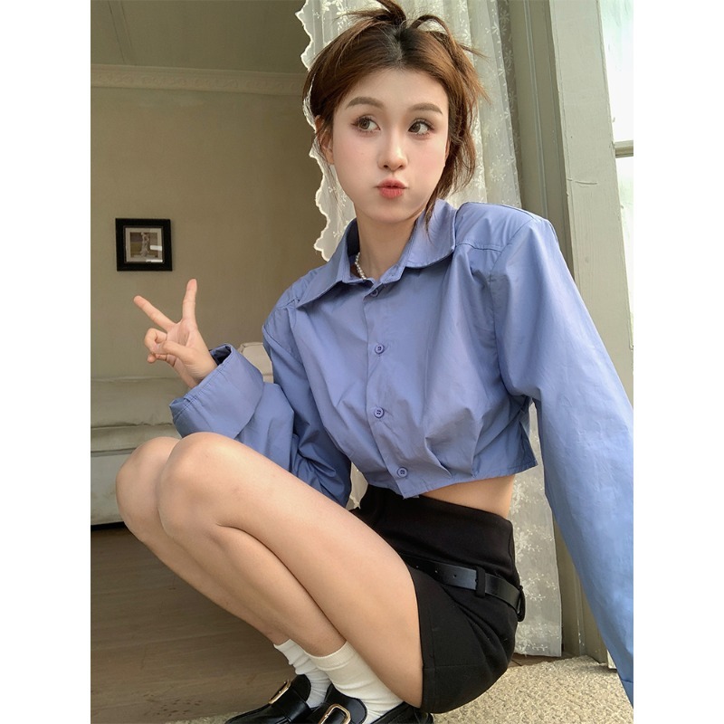 Áo croptop sơ mi kiểu nữ Tay dài Hàn Quốc Áo sơ mi dáng croptop ngắn nữ Dài tay Thời trang