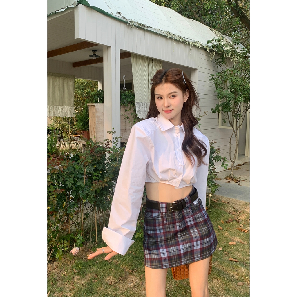 Áo croptop sơ mi kiểu nữ Tay dài Hàn Quốc Áo sơ mi dáng croptop ngắn nữ Dài tay Thời trang