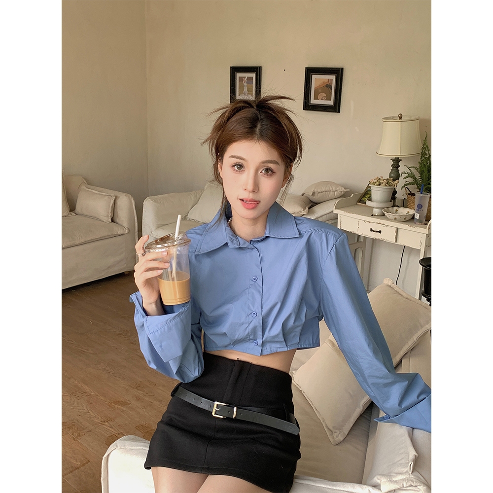 Áo croptop sơ mi kiểu nữ Tay dài Hàn Quốc Áo sơ mi dáng croptop ngắn nữ Dài tay Thời trang