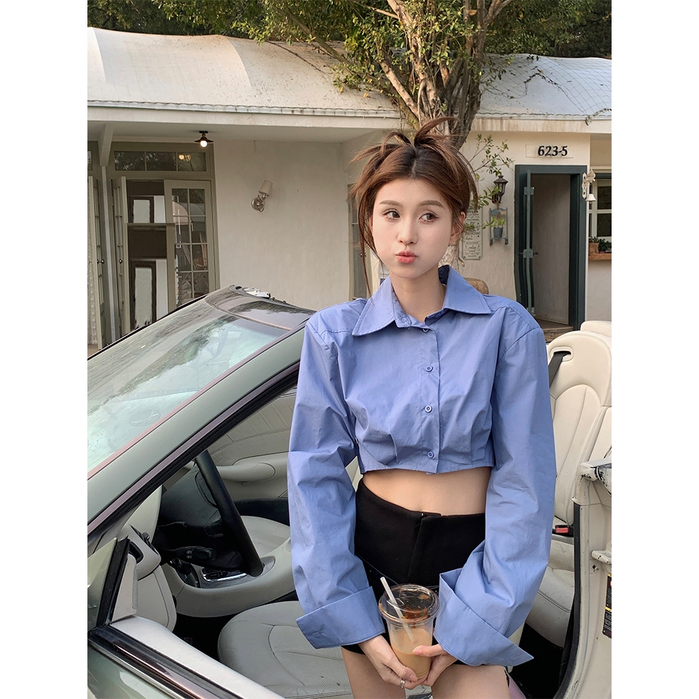 Áo croptop sơ mi kiểu nữ Tay dài Hàn Quốc Áo sơ mi dáng croptop ngắn nữ Dài tay Thời trang