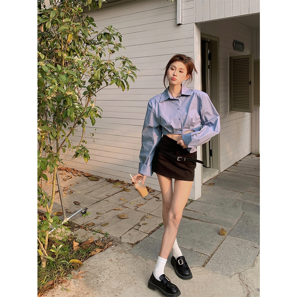 Áo croptop sơ mi kiểu nữ Tay dài Hàn Quốc Áo sơ mi dáng croptop ngắn nữ Dài tay Thời trang
