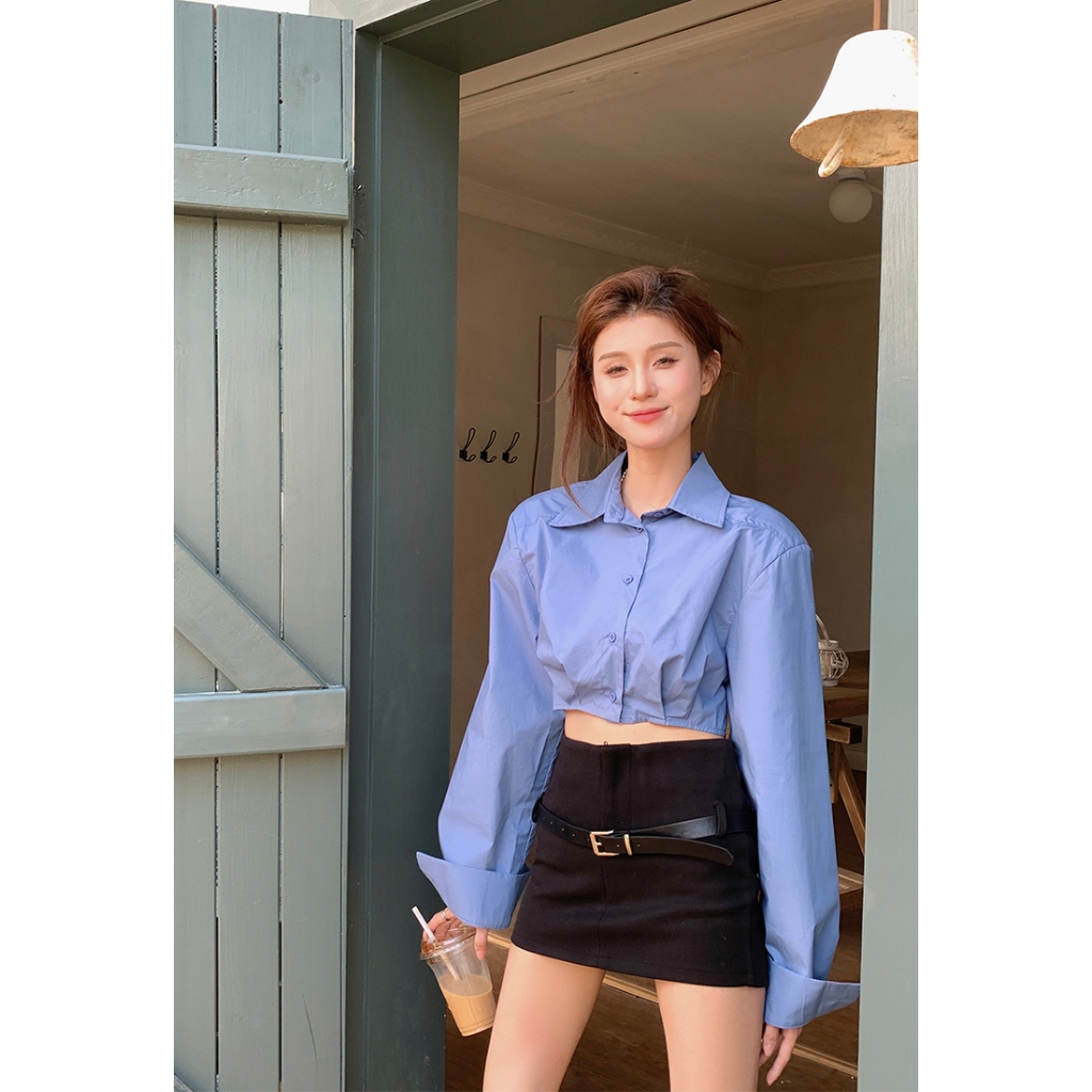 Áo croptop sơ mi kiểu nữ Tay dài Hàn Quốc Áo sơ mi dáng croptop ngắn nữ Dài tay Thời trang