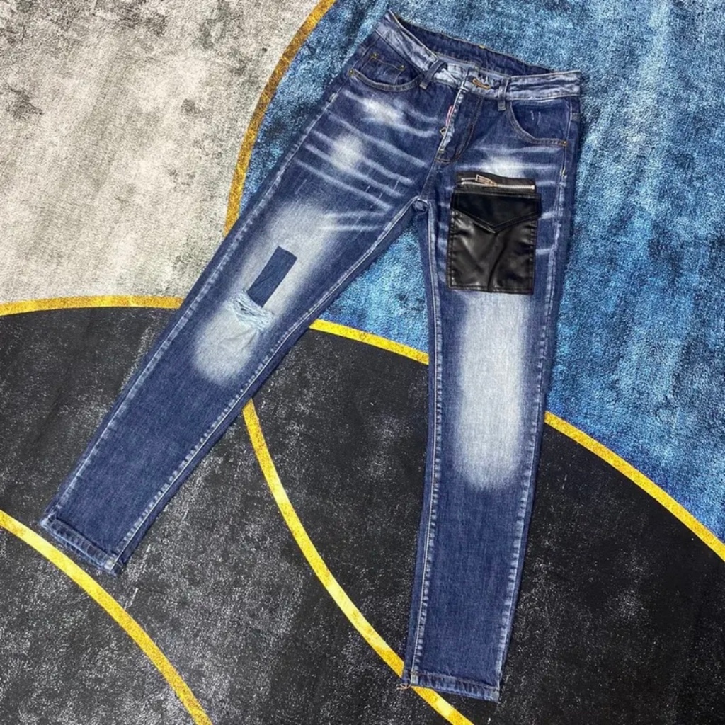 Quần Jean DSQ Nam Màu Xanh Họa Tiết Vá Túi Da Đùi Trước Siêu Chất Quần Bò Nam Thời Trang 2023