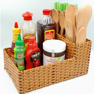 Khay nhựa giả mây tre đan kt 20cmx30cmx10cm, 15cmx25cmx8cm đựng thìa đũa, ống tăm, giấy ăn, các lọ gia vị