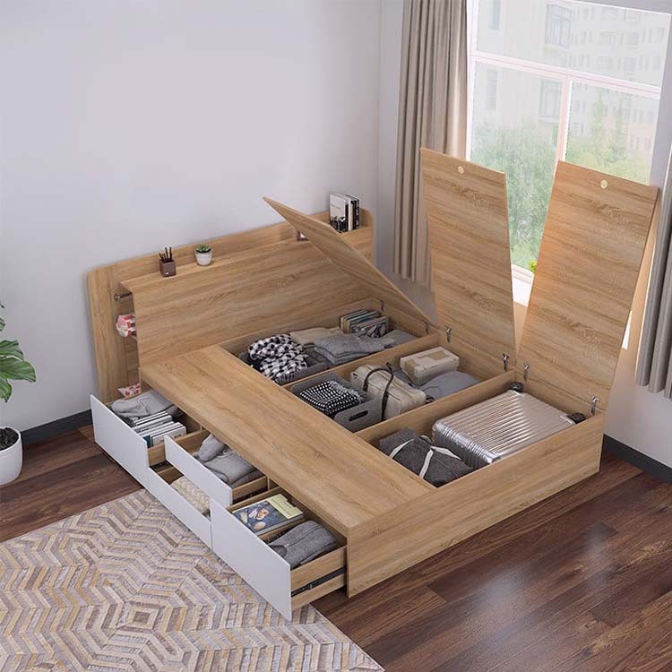 Giường ngủ hiện đại FINILI gỗ MDF tự lắp đơn giản 2 hộc kéo F572