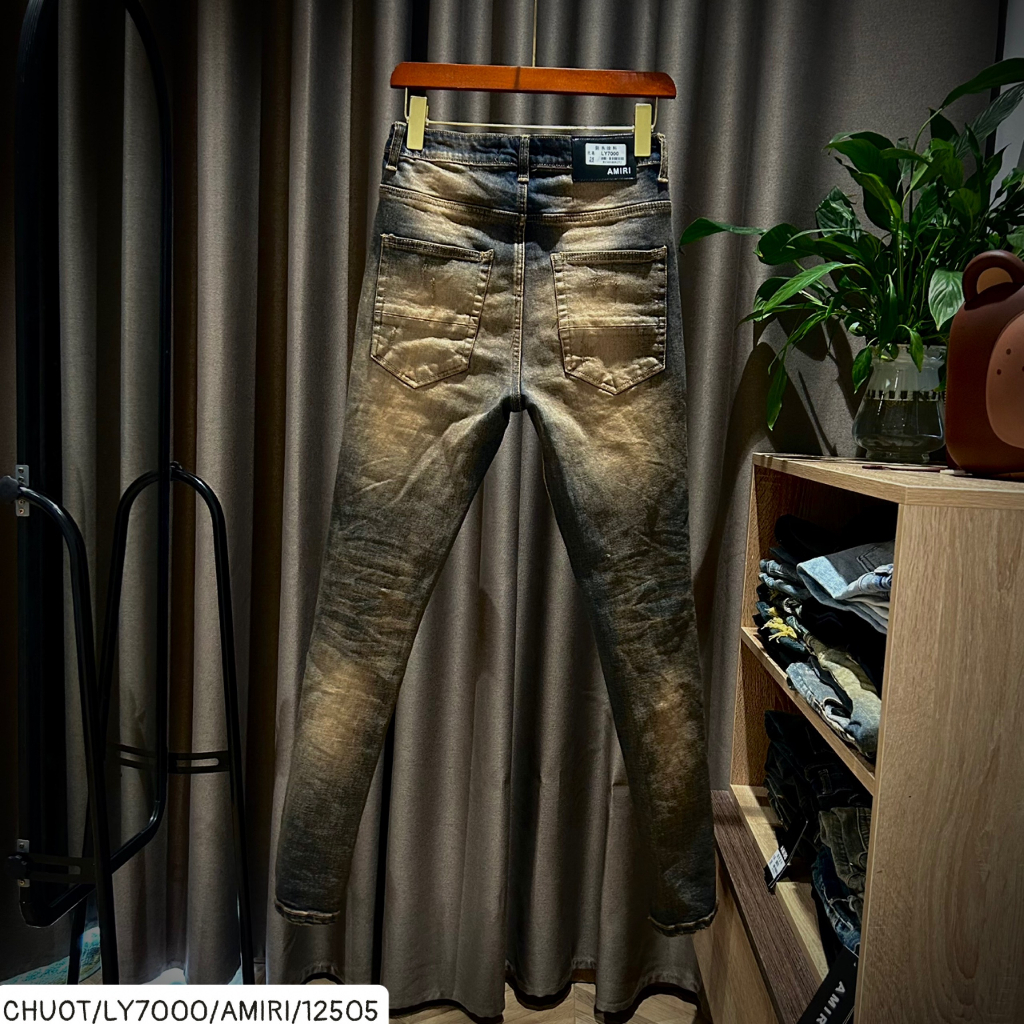 Quần Jean Nam Đính Đá Bản 4 Cúc Like_Au, Quần Jean Nam Xanh Khói Phối Kim Tuyến Chấm Sơn